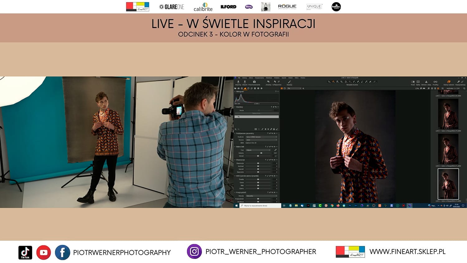 Widok podwójnego ekranu podczas transmisji online ze studia fotograficznego; po lewej fotograf z modelem, po prawej widok gotowego zdjęcia
